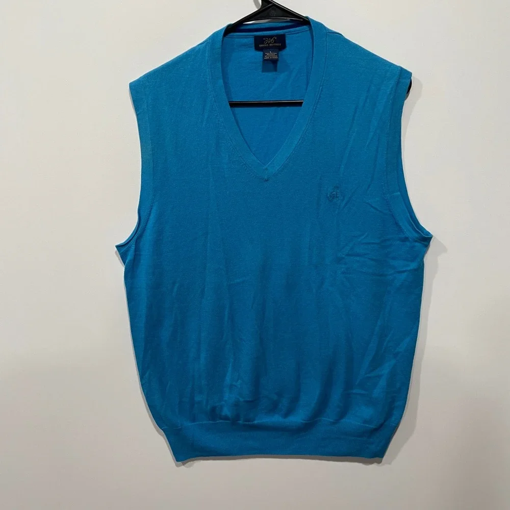 Brooks‎ Brothers 346 V Neck Sweater Vest Blue Cotton Silk Cashmere Mens L